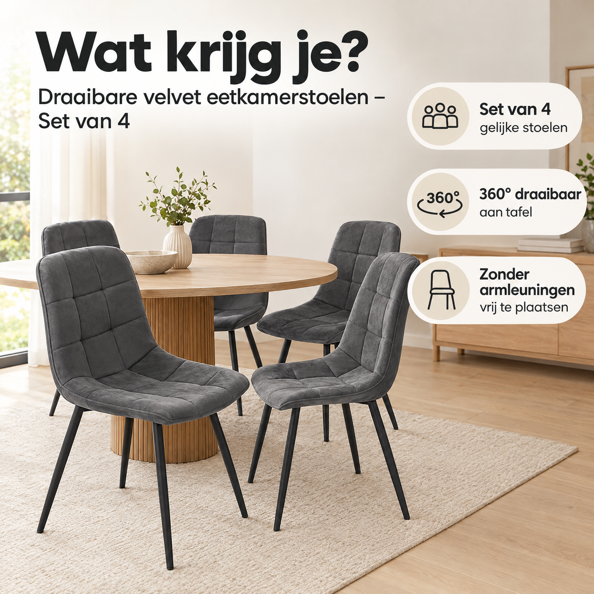 Praktische toepassing en keuzehulp voor draaibare velvet eetkamerstoelen