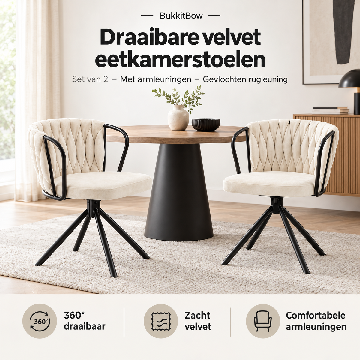 Praktische toepassing en keuzehulp voor draaibare velvet eetkamerstoelen
