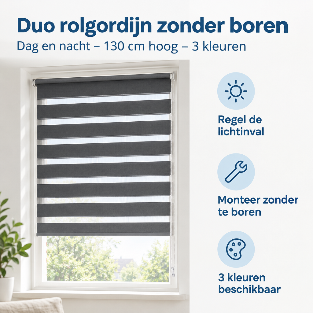 Belangrijkste voordelen en eigenschappen van duo rolgordijn zonder boren