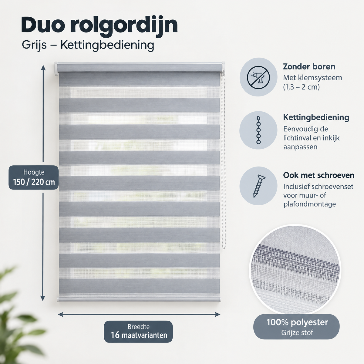 Duo rolgordijn van BukkitBow in grijs met kettingbediening, zonder boren, getoond in maatvoering en specificaties.