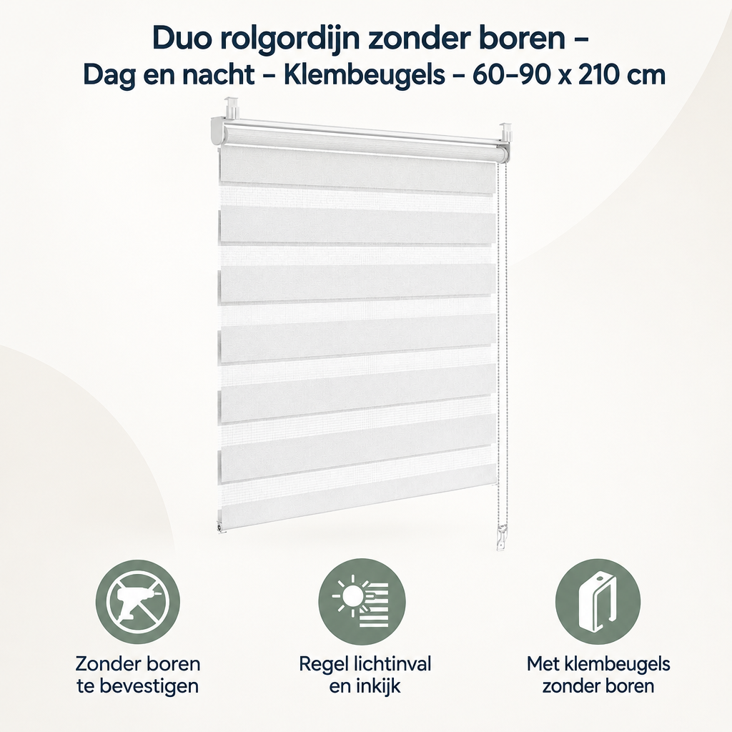 Overzicht van duo rolgordijn zonder boren met de belangrijkste productvoordelen