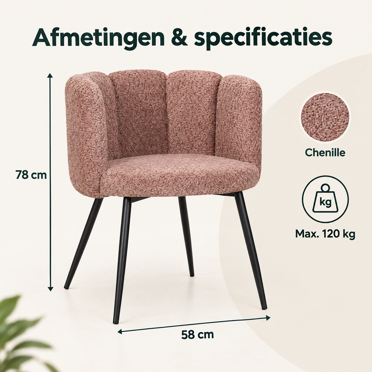 Afmetingen en productspecificaties van eetkamerstoel chenille