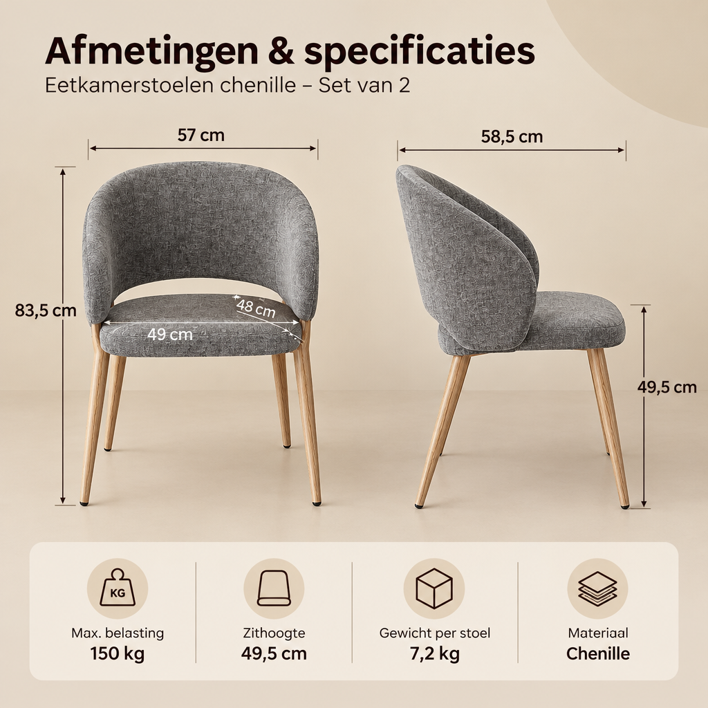 Afmetingen en productspecificaties van eetkamerstoelen chenille set van 2
