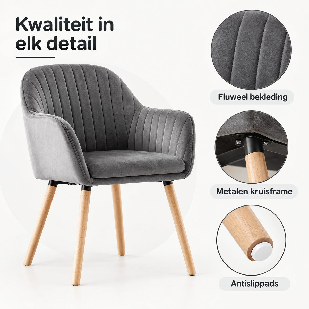 Detail van materiaal en afwerking van eetkamerstoelen met armleuningen