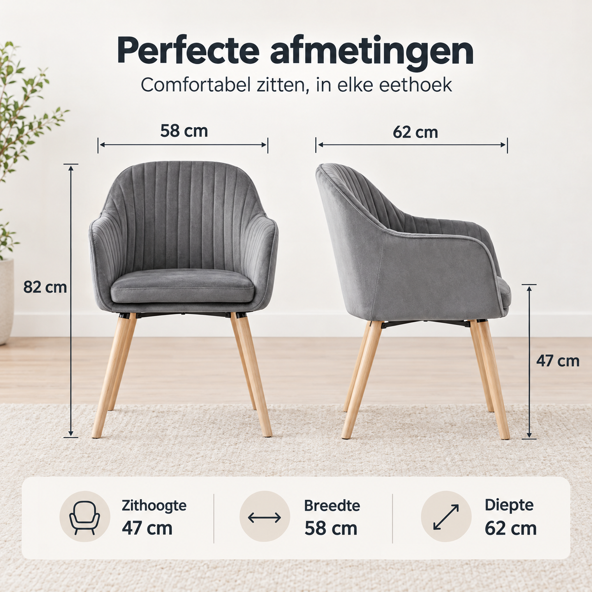 Afmetingen en productspecificaties van eetkamerstoelen met armleuningen