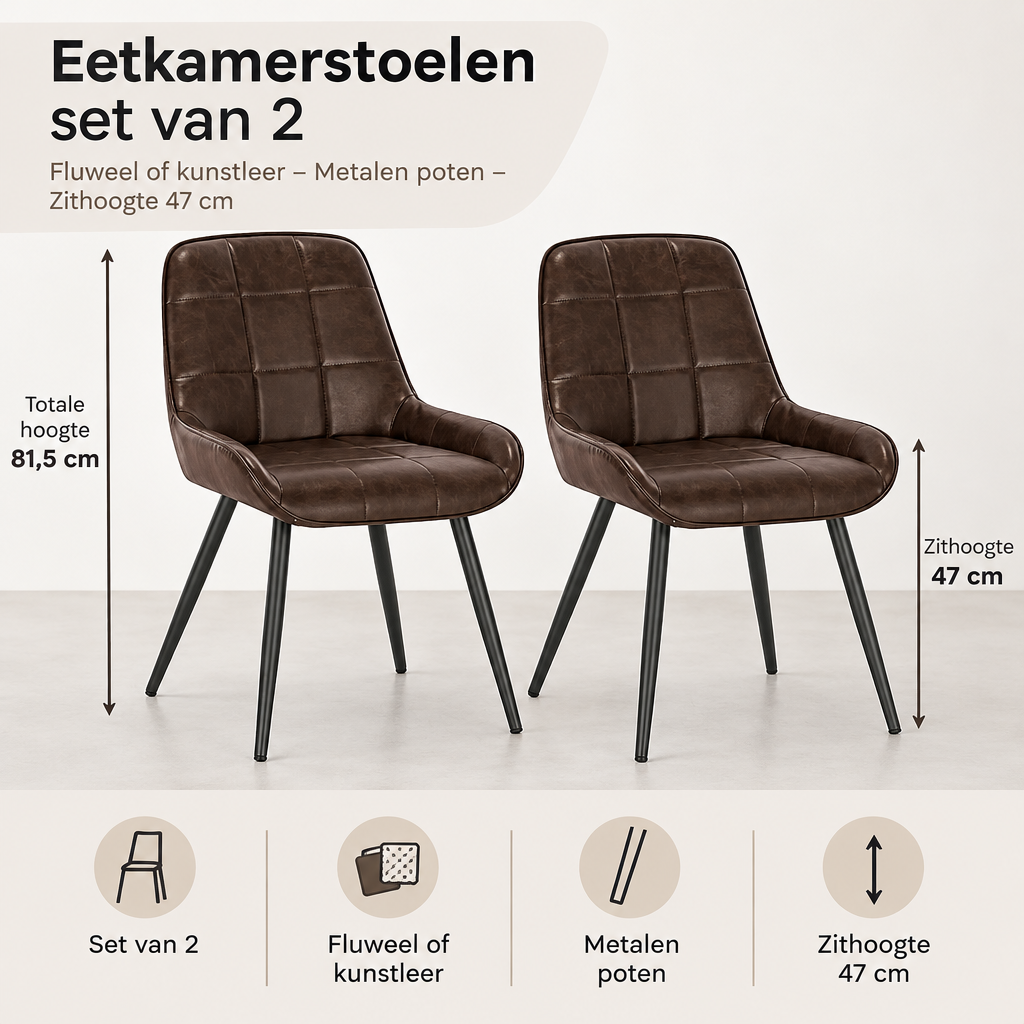 Afmetingen en productspecificaties van eetkamerstoelen set van 2