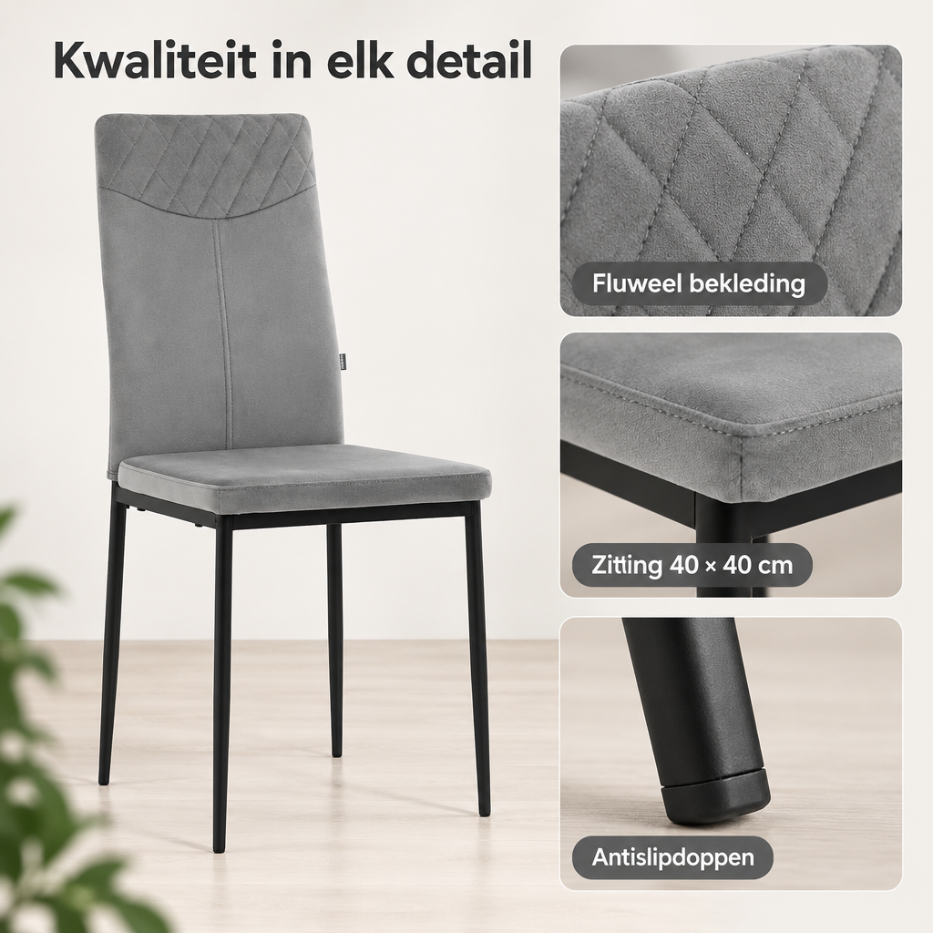 Detail van materiaal en afwerking van eetkamerstoelen set van 4