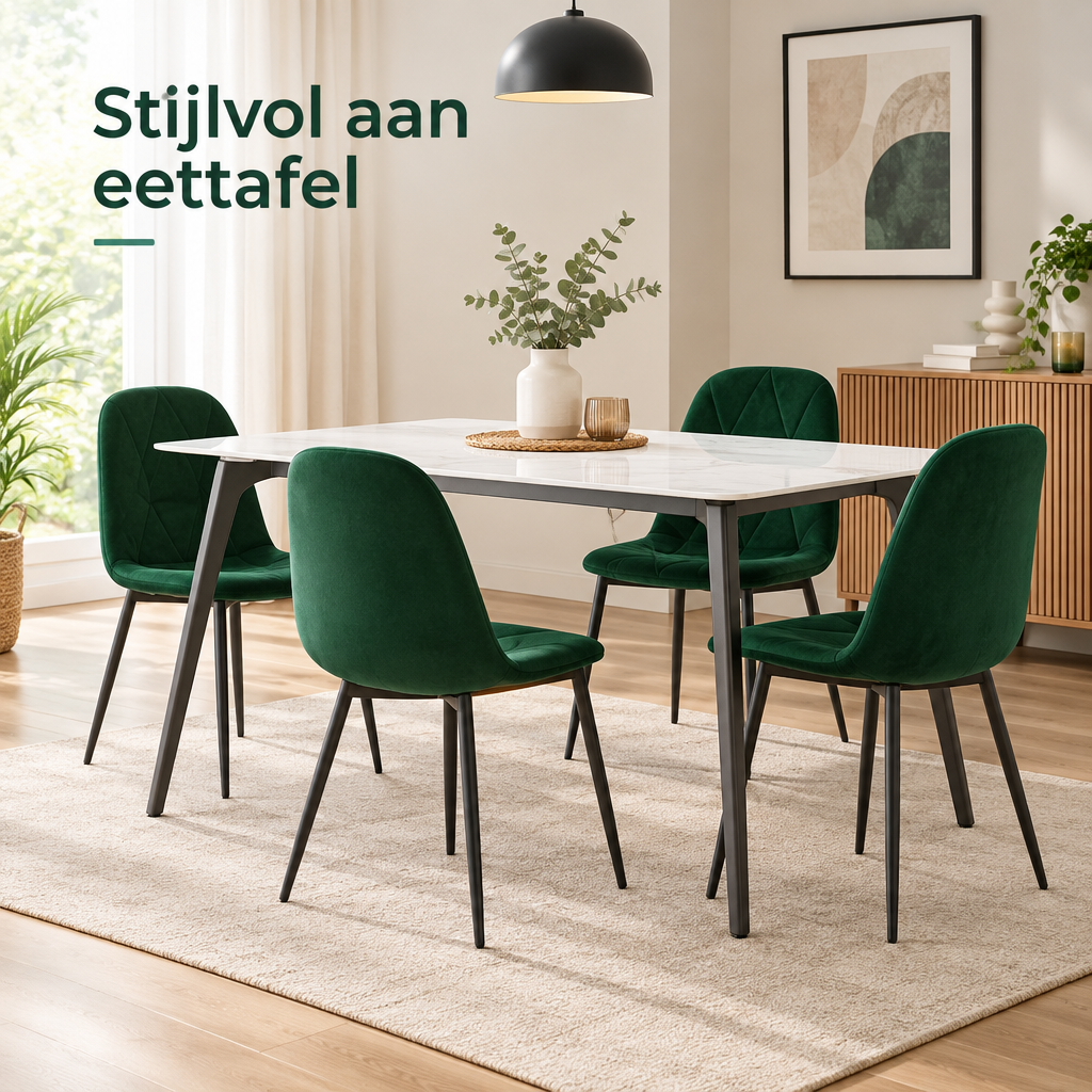 Set van 4 BukkitBow eetkamerstoelen van fluweel met metalen poten, in donkergroen of donkergrijs, geschikt voor de eethoek.