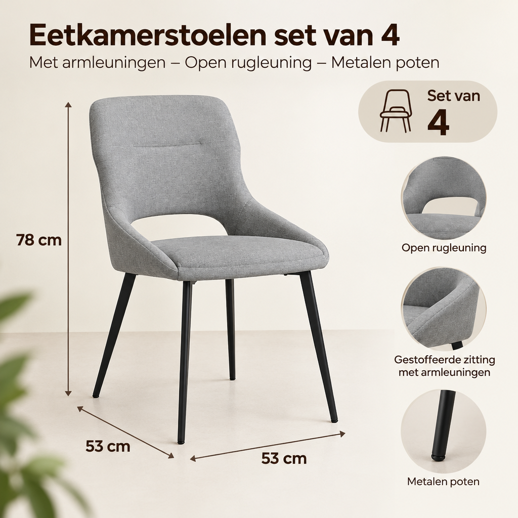 Afmetingen en productspecificaties van eetkamerstoelen set van 4