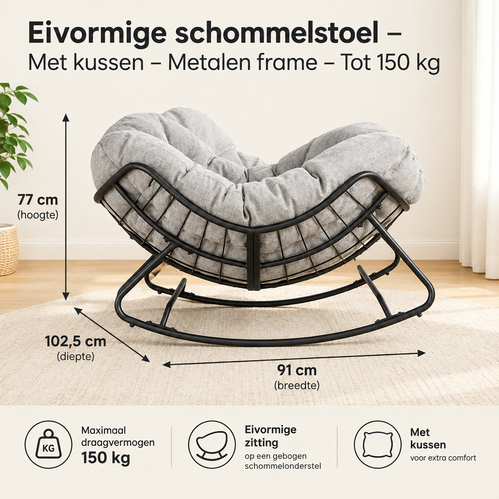 Afmetingen en productspecificaties van eivormige schommelstoel