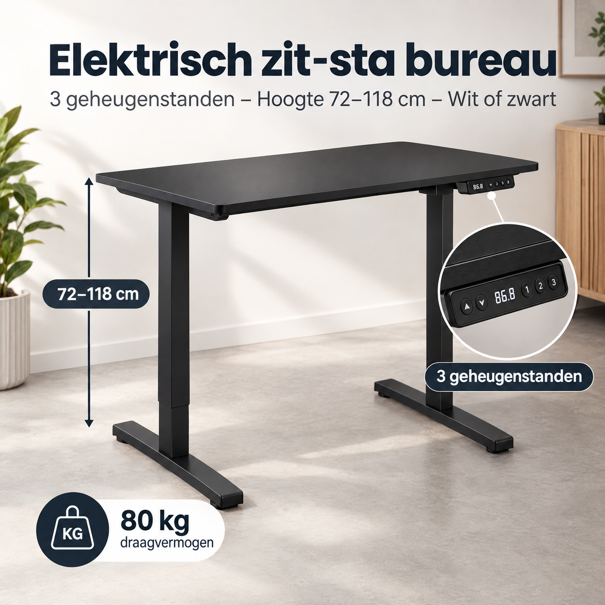 Afmetingen en productspecificaties van elektrisch zit-sta bureau