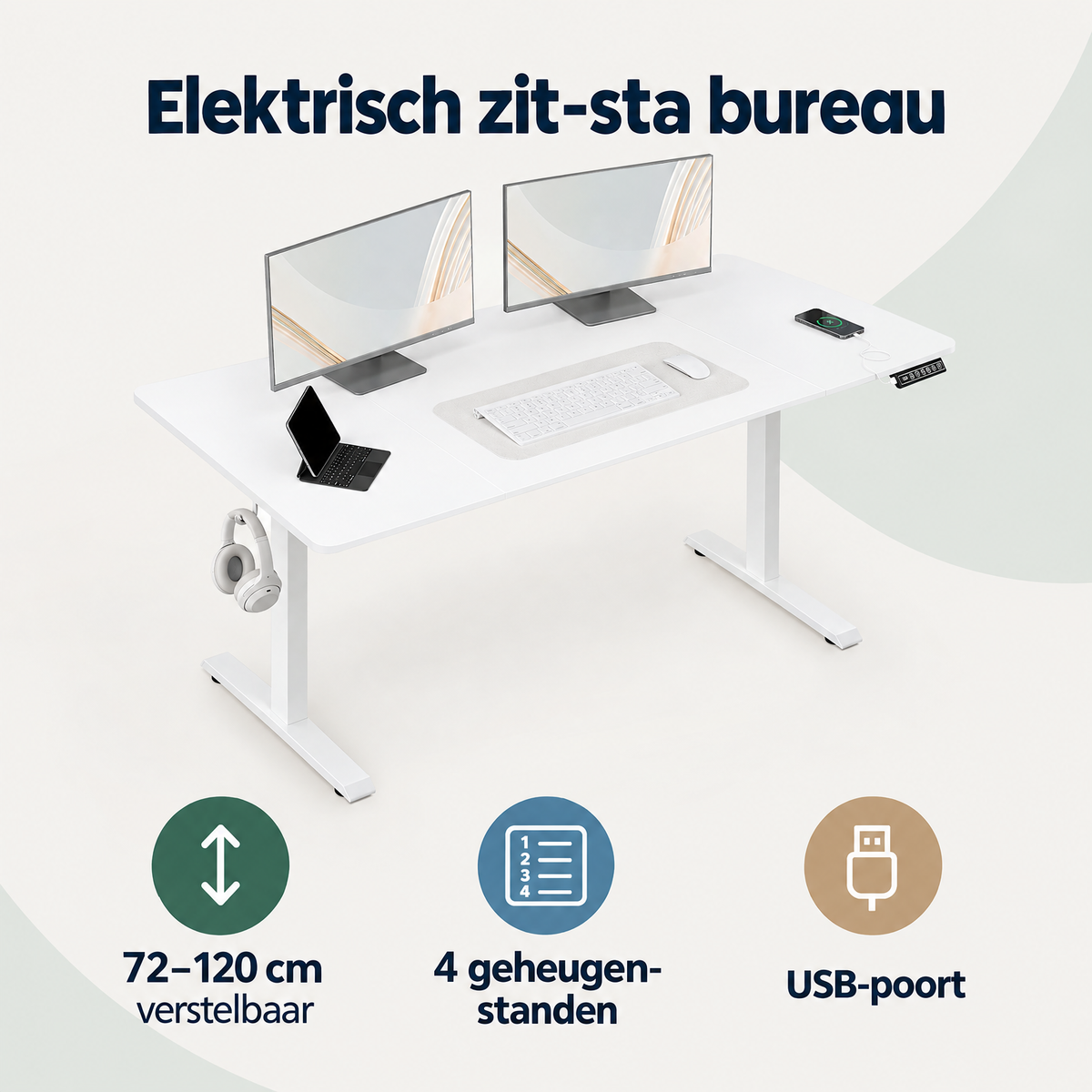 Overzicht van elektrisch zit-sta bureau met de belangrijkste productvoordelen