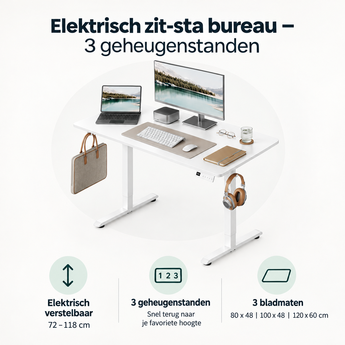 Overzicht van elektrisch zit-sta bureau met de belangrijkste productvoordelen