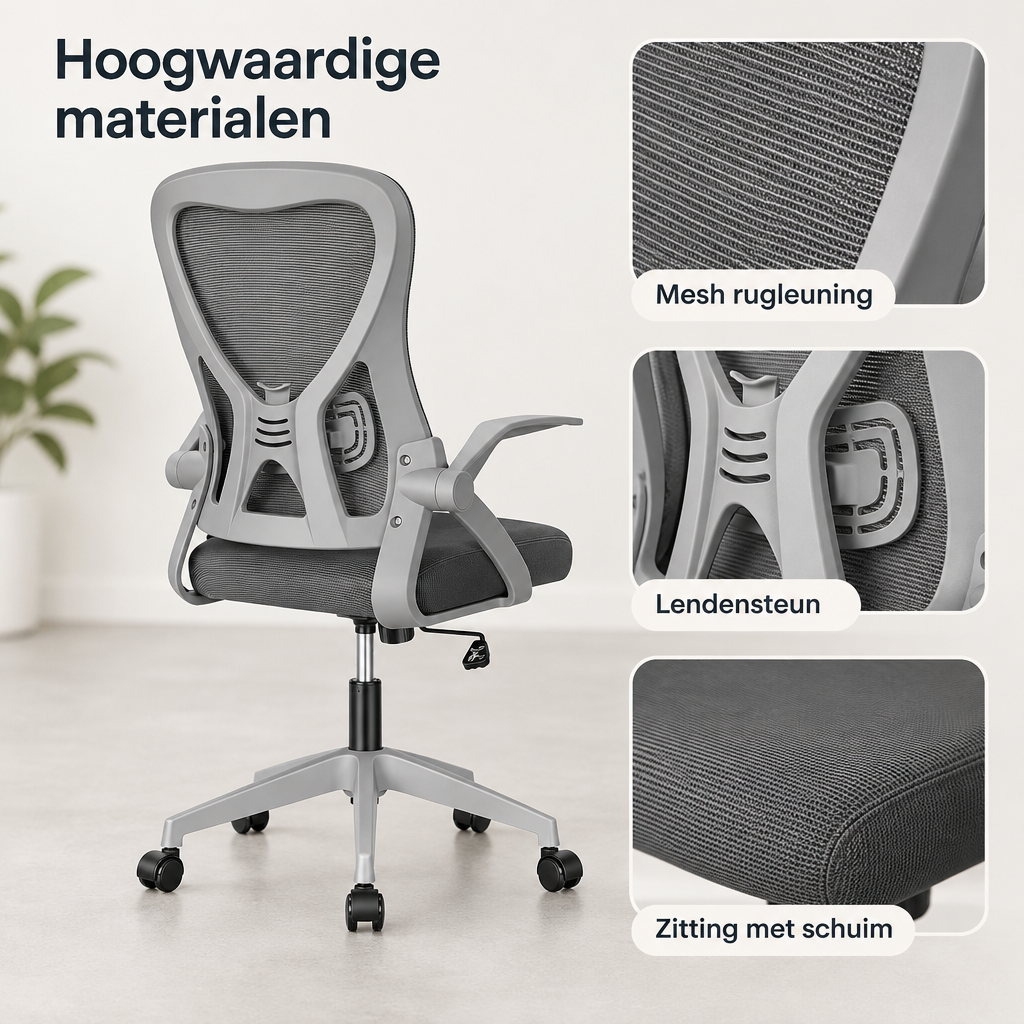 Detail van materiaal en afwerking van ergonomische bureaustoel