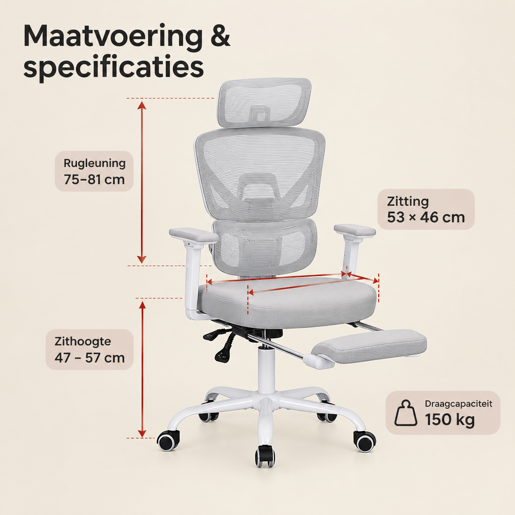 Afmetingen en productspecificaties van ergonomische bureaustoel