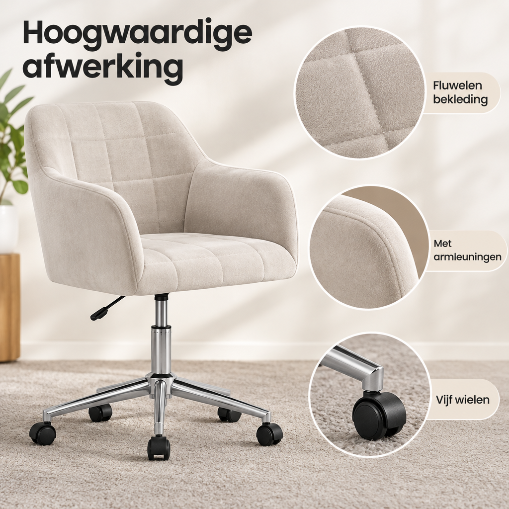 Detail van materiaal en afwerking van fluwelen bureaustoel