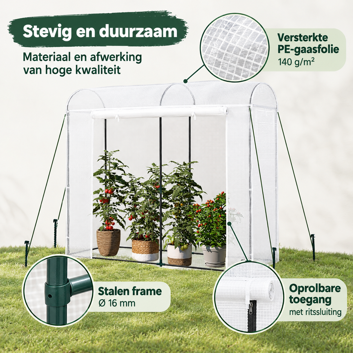 Detail van materiaal en afwerking van foliekas