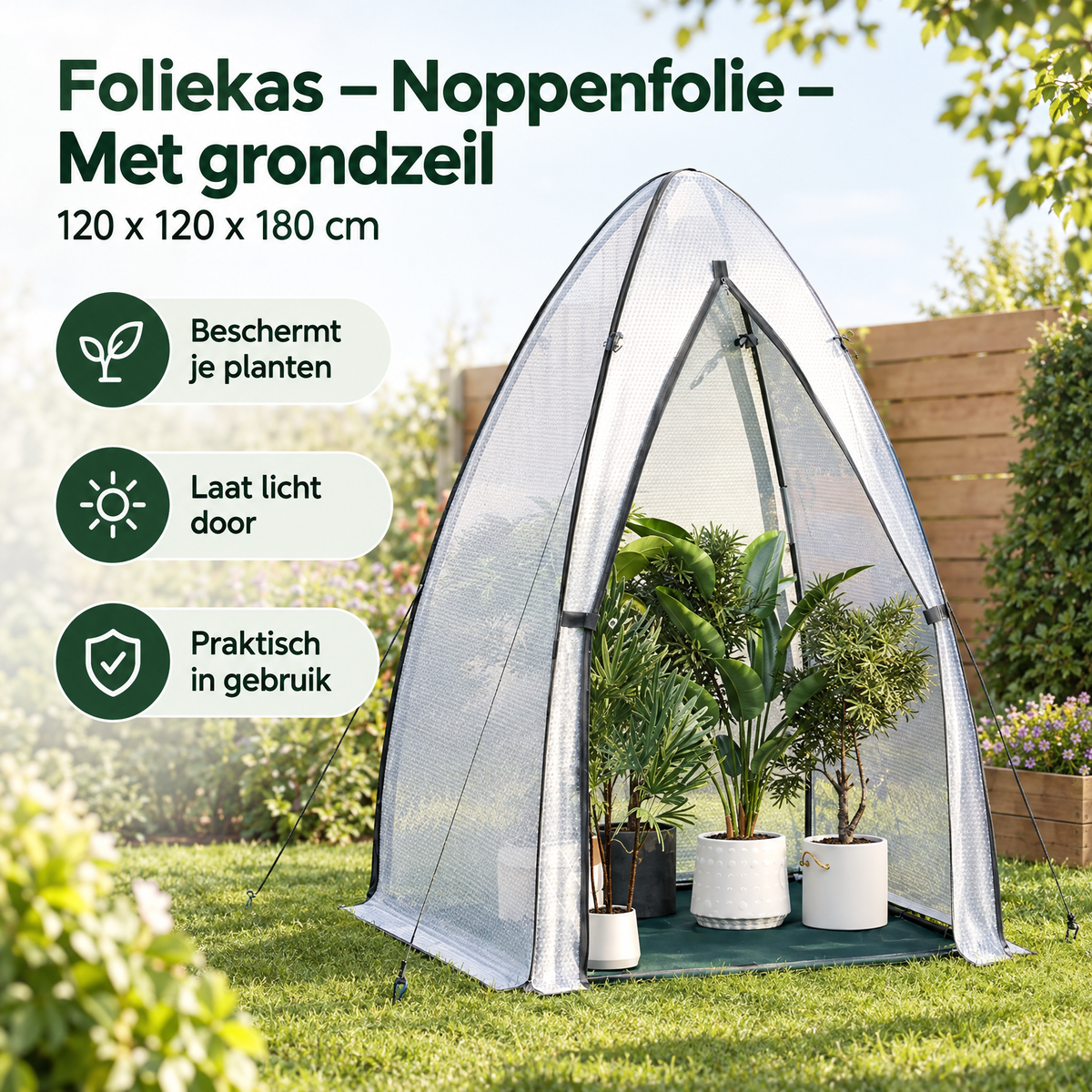 BukkitBow foliekas met grondzeil, 120x120x180 cm, gebruikt voor tuinieren en plantenkweek, met noppenfolie voor isolatie