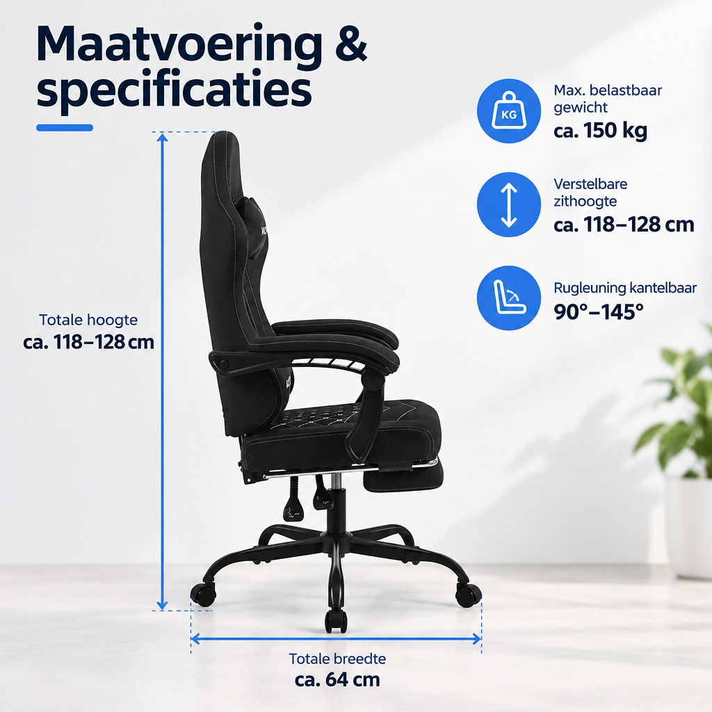 Afmetingen en productspecificaties van gamestoel met massagekussen
