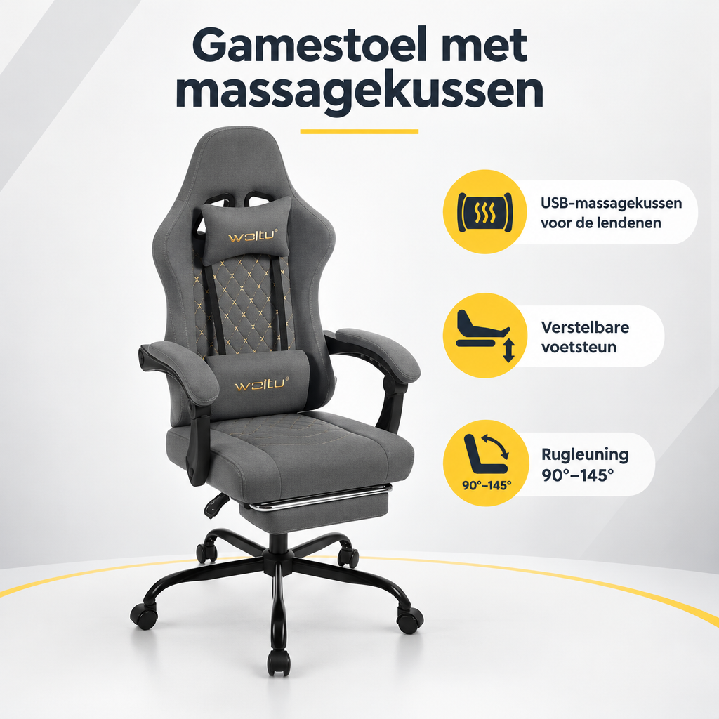 Overzicht van gamestoel met massagekussen met de belangrijkste productvoordelen