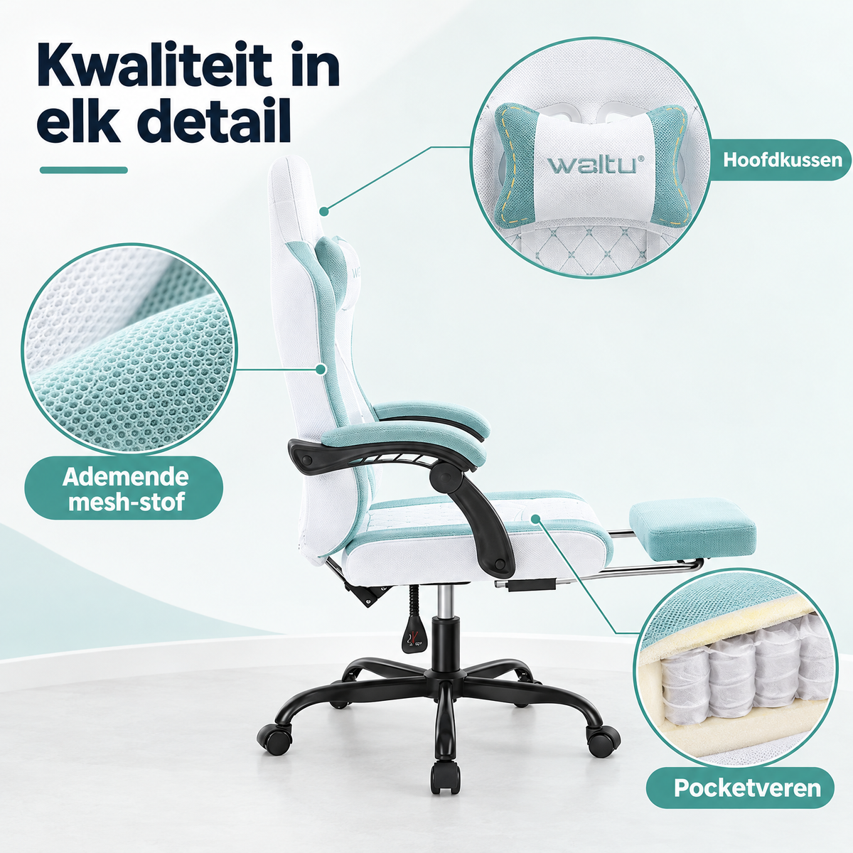 Detail van materiaal en afwerking van gamestoel met voetensteun