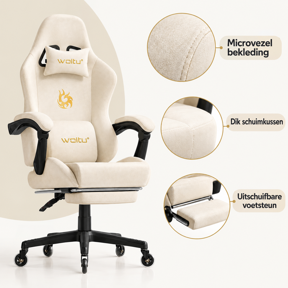 Detail van materiaal en afwerking van gamingstoel met voetsteun