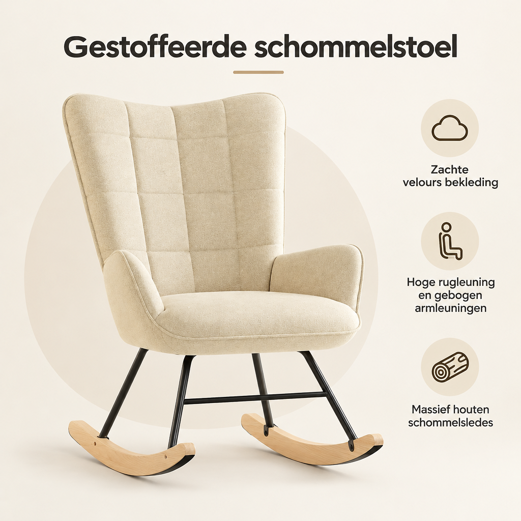 Overzicht van gestoffeerde schommelstoel met de belangrijkste productvoordelen