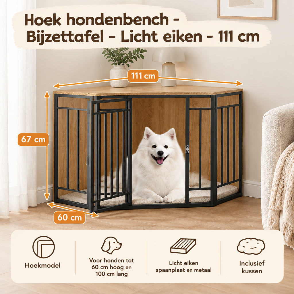Afmetingen en productspecificaties van hoek hondenbench