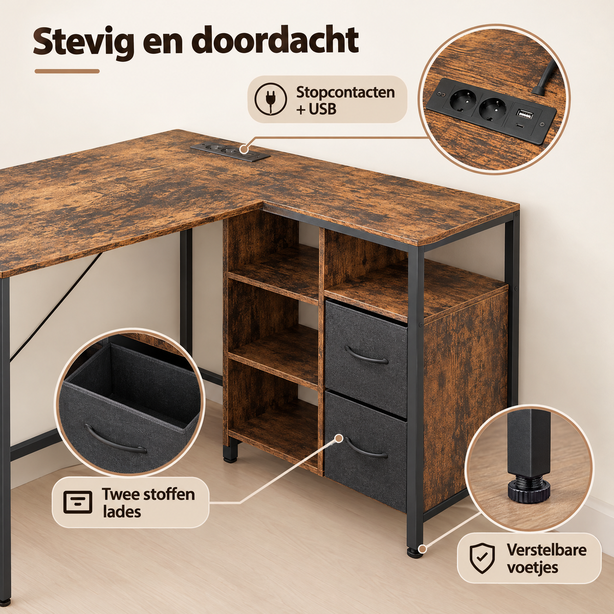 Detail van materiaal en afwerking van hoekbureau met lades