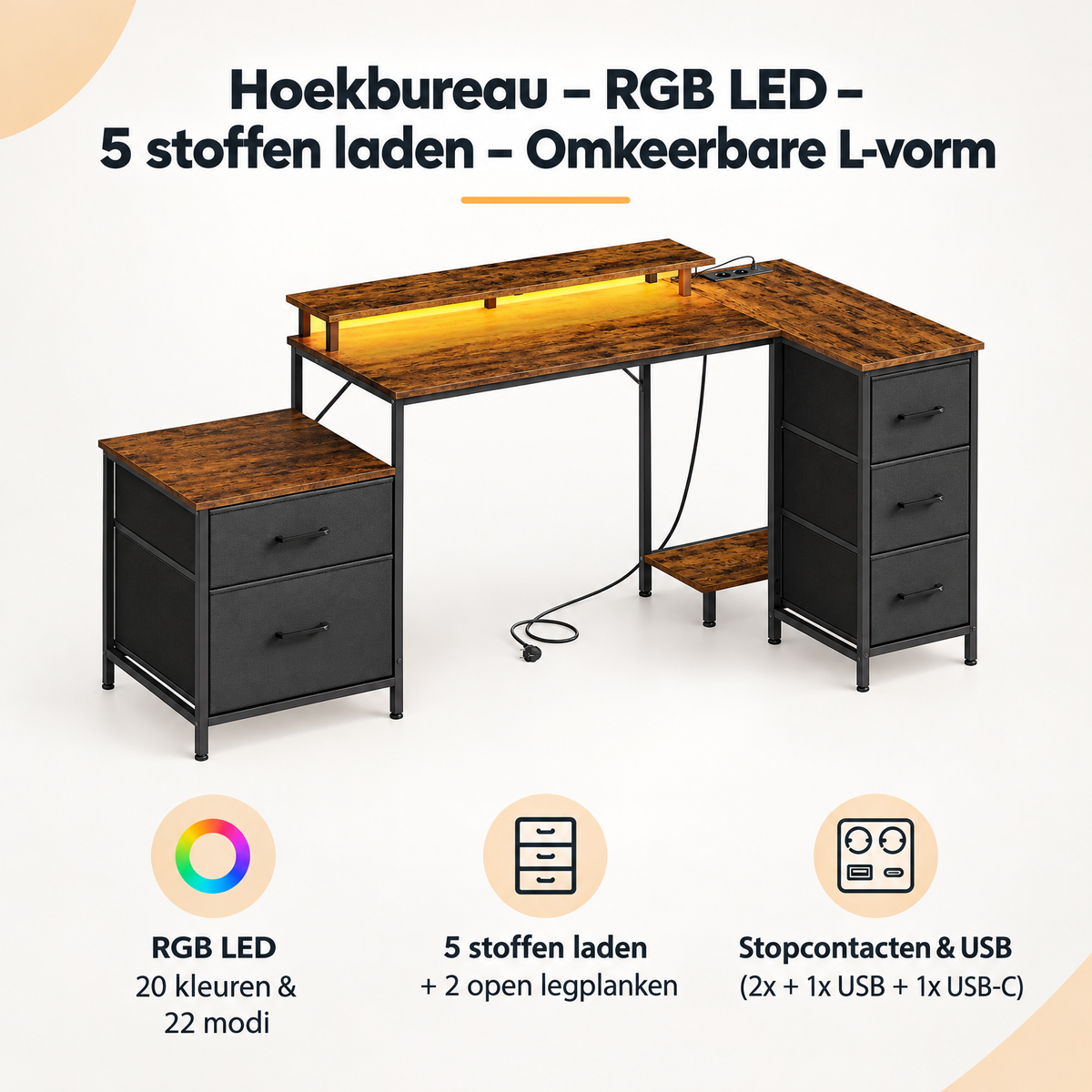 Overzicht van hoekbureau met de belangrijkste productvoordelen