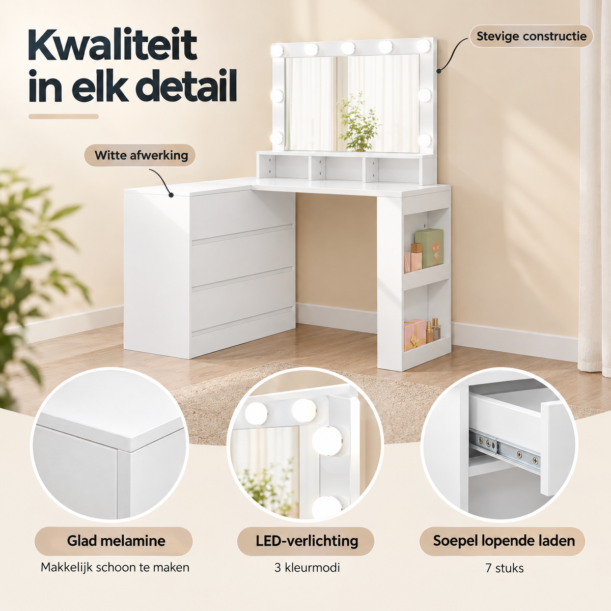 Detail van materiaal en afwerking van hoekkaptafel met LED-spiegel