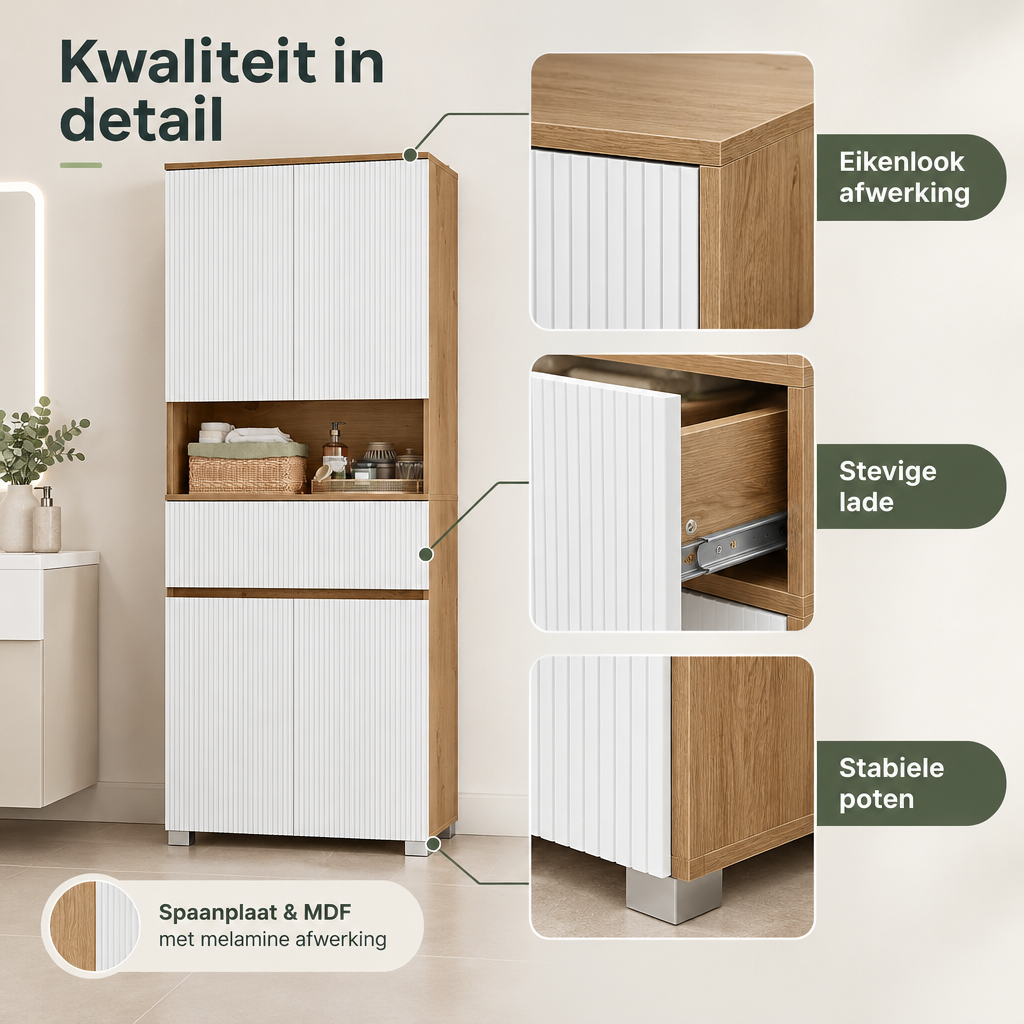 Detail van materiaal en afwerking van hoge badkamerkast