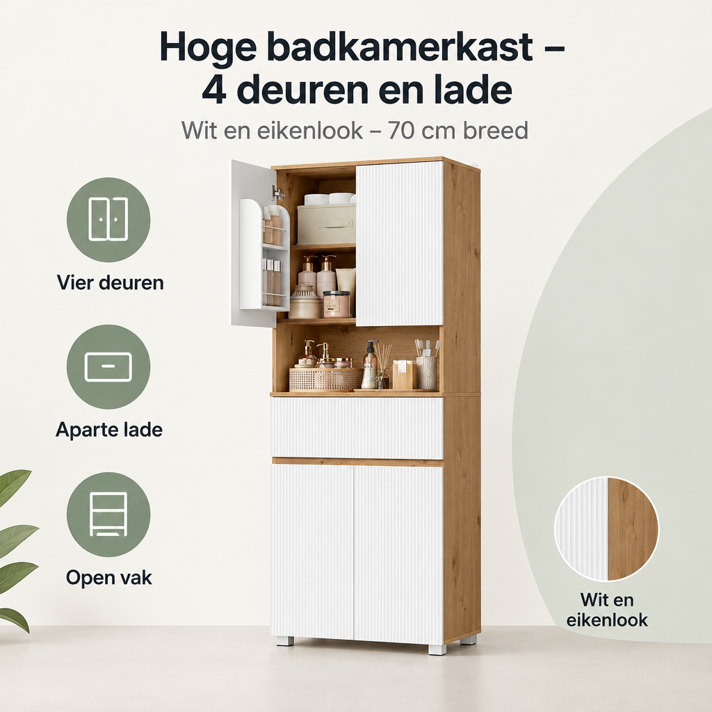 Overzicht van hoge badkamerkast met de belangrijkste productvoordelen