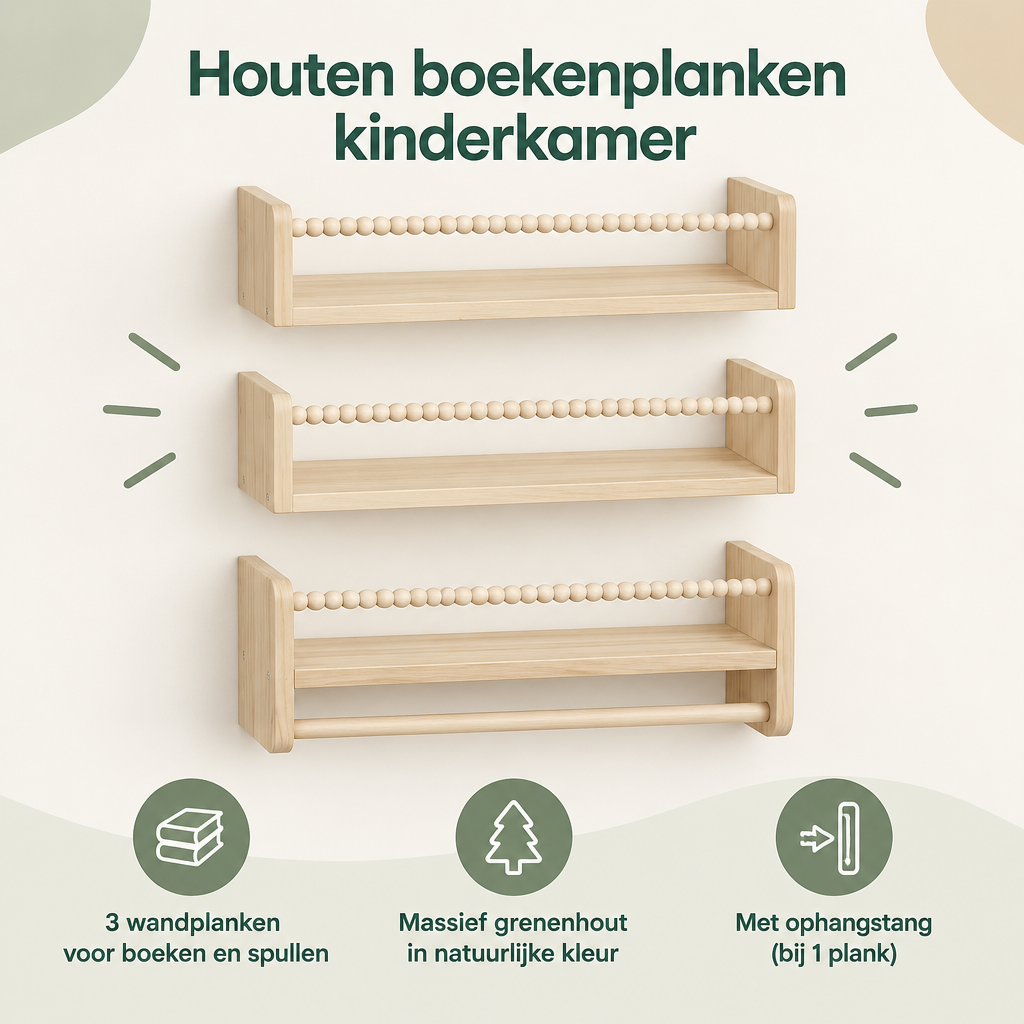 Overzicht van houten boekenplank kinderkamer met de belangrijkste productvoordelen