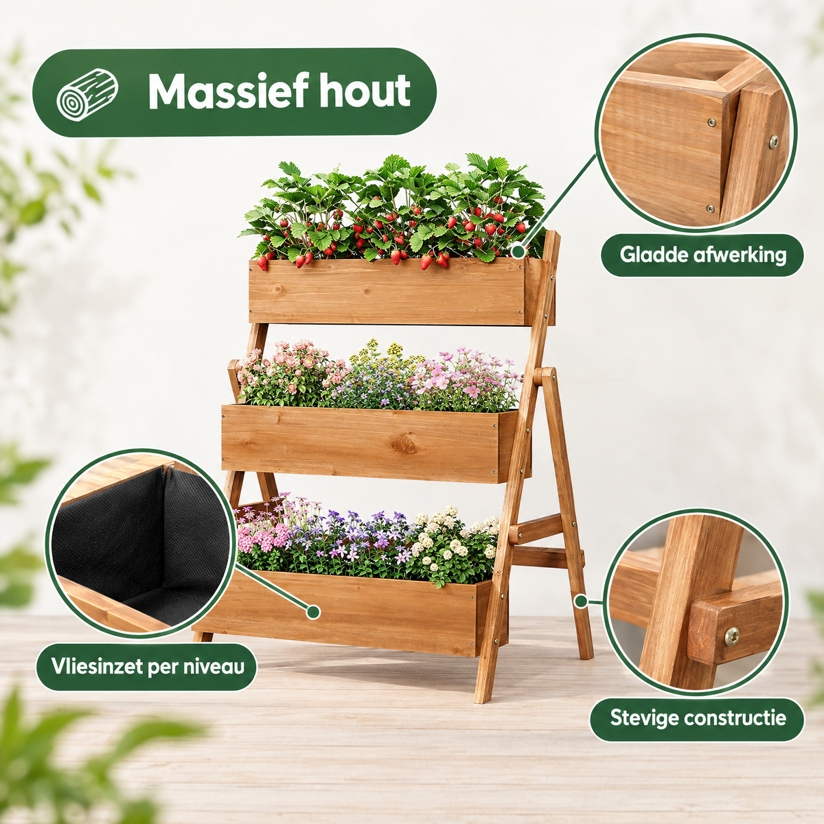 Houten plantenbak op poten van massief hout met 2 of 3 niveaus, 80 cm breed, detail van het materiaal en ontwerp.