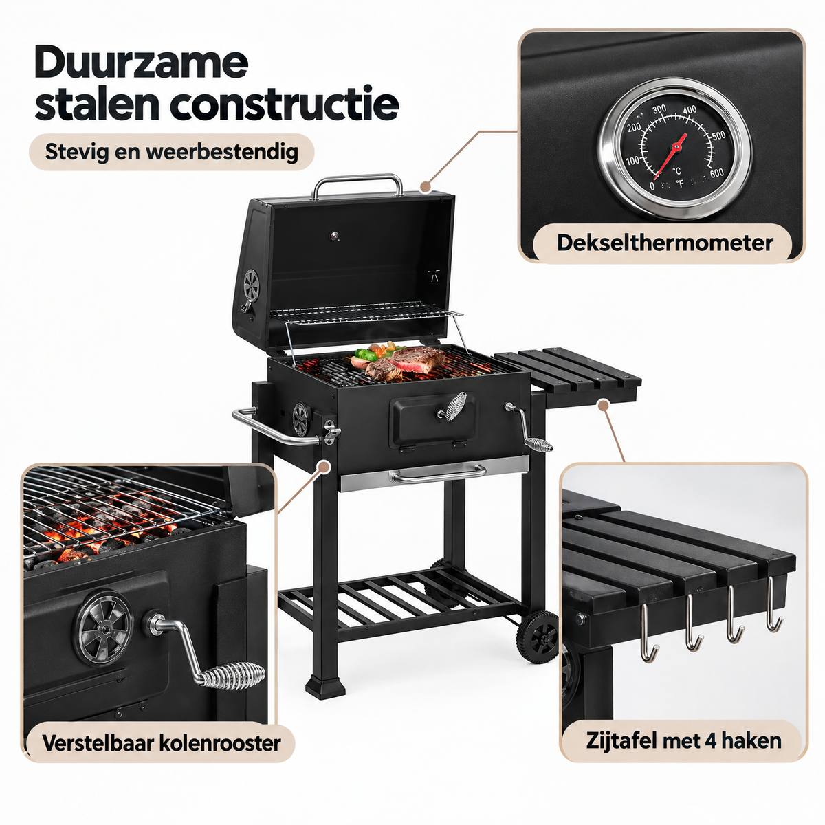 Detail van materiaal en afwerking van houtskoolbarbecue op wielen