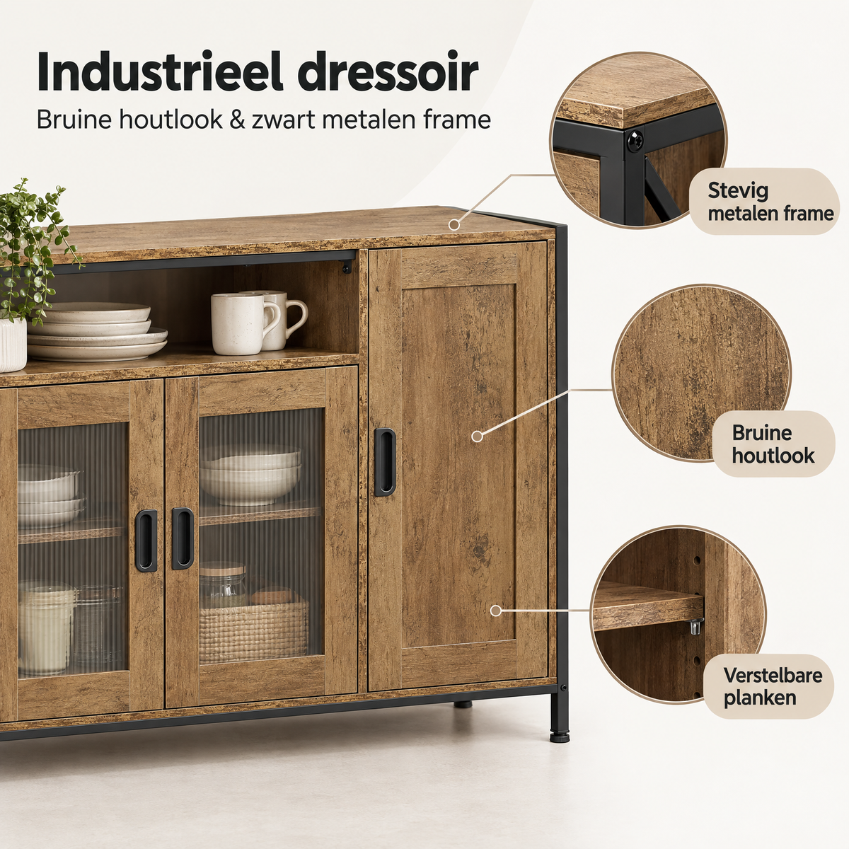 Industrieel dressoir van BukkitBow, 110 cm breed, met verstelbare planken en bruine houtlook, details van het materiaal.