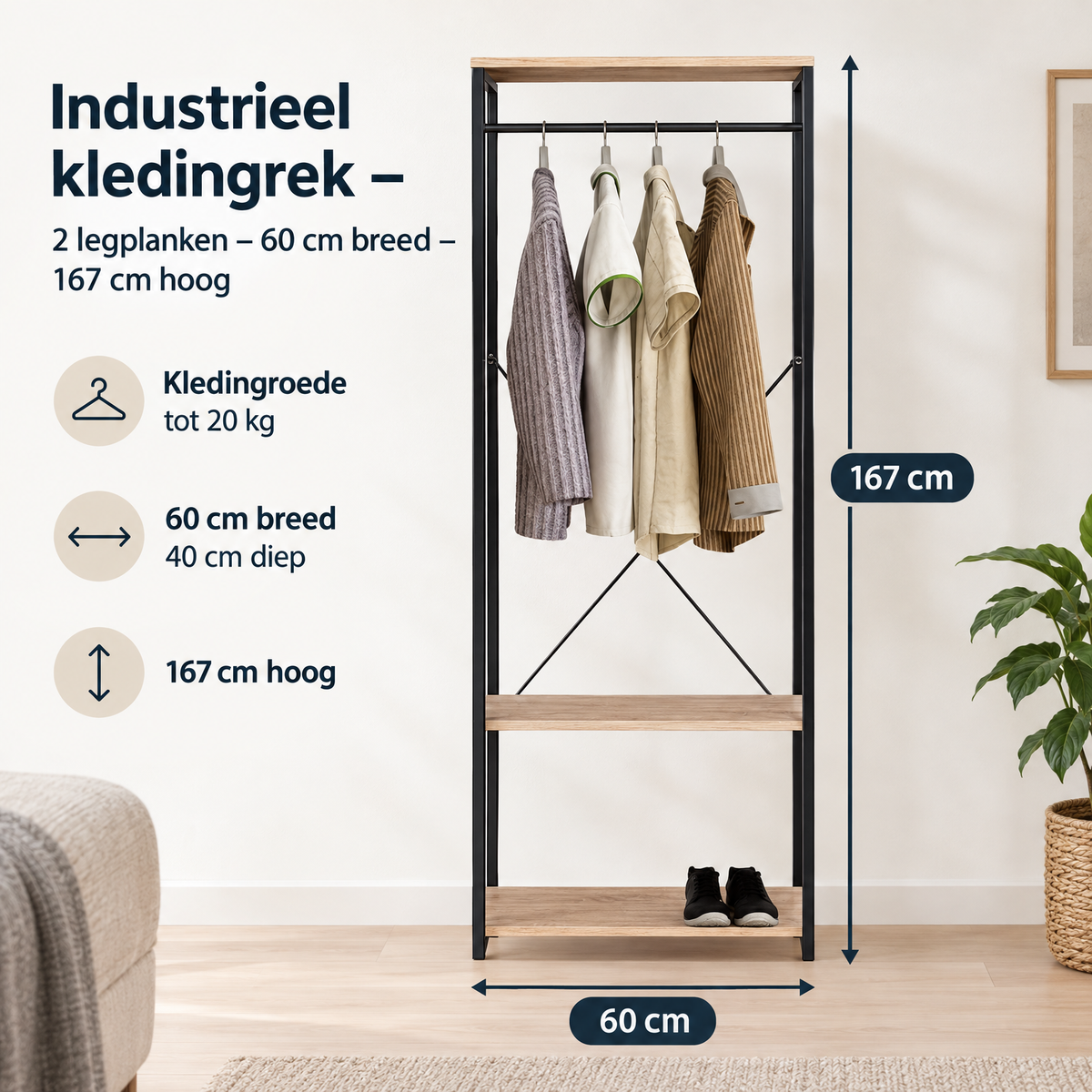 Afmetingen en productspecificaties van industrieel kledingrek