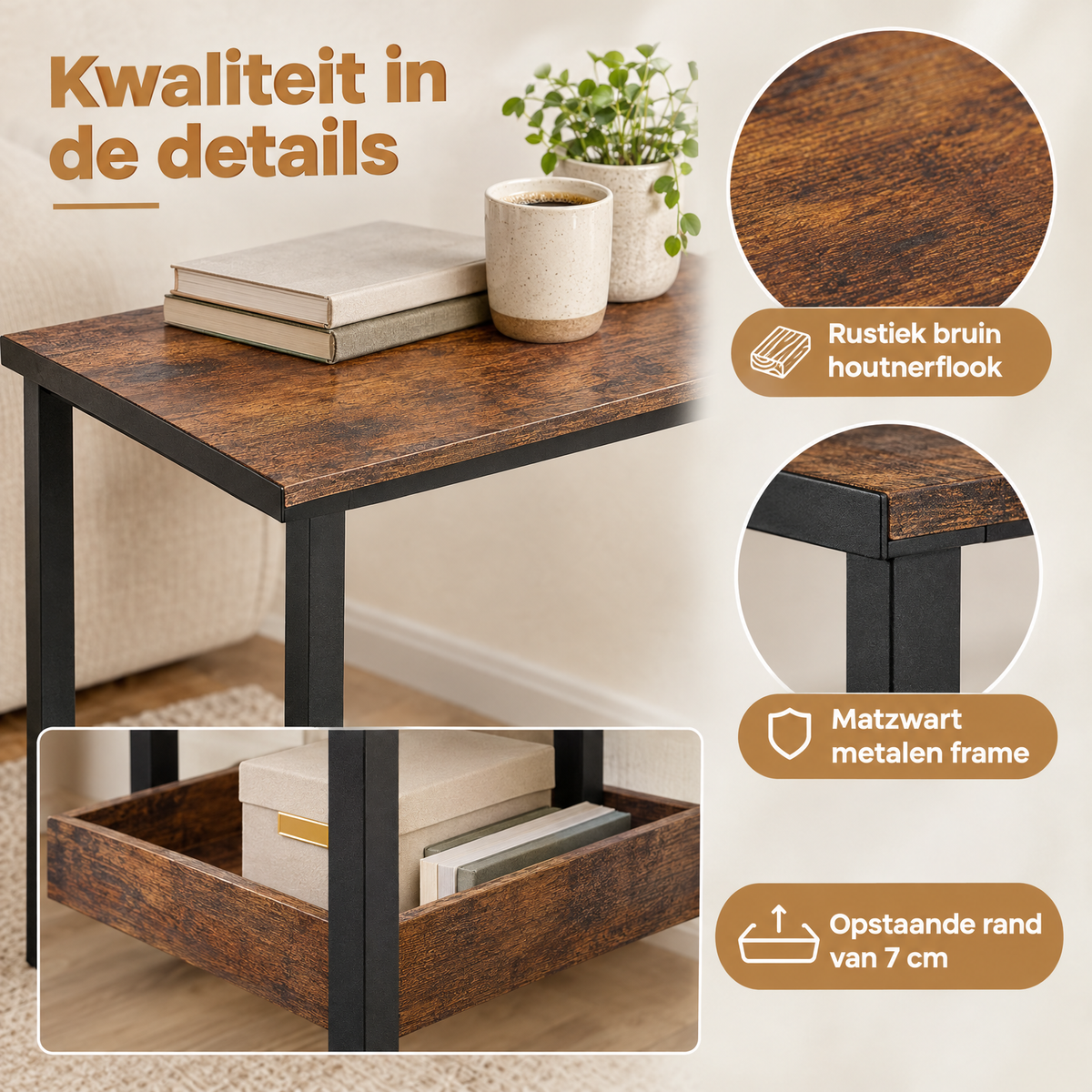 Detail van materiaal en afwerking van industriële bijzettafel
