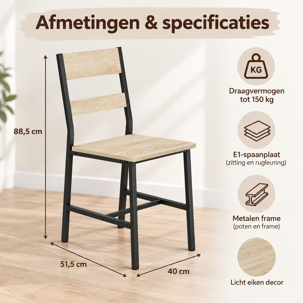 Afmetingen en productspecificaties van industriële eetkamerstoelen