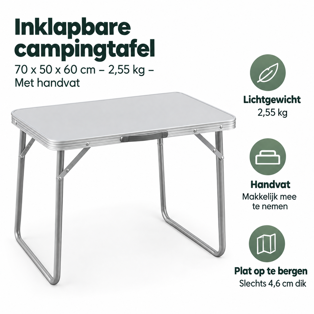 Inklapbare campingtafel van BukkitBow, 70x50x60 cm, lichtgewicht van 2,55 kg met handvat, geschikt voor outdoor gebruik.
