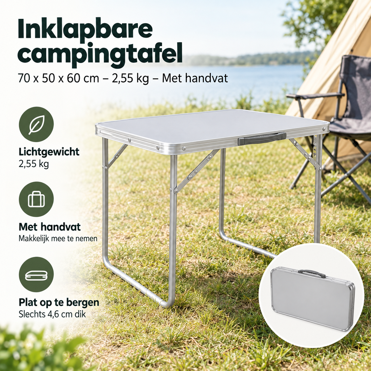 Inklapbare campingtafel van BukkitBow, 70x50x60 cm, lichtgewicht met handvat, ideaal voor kampeer- en outdoorgebruik.