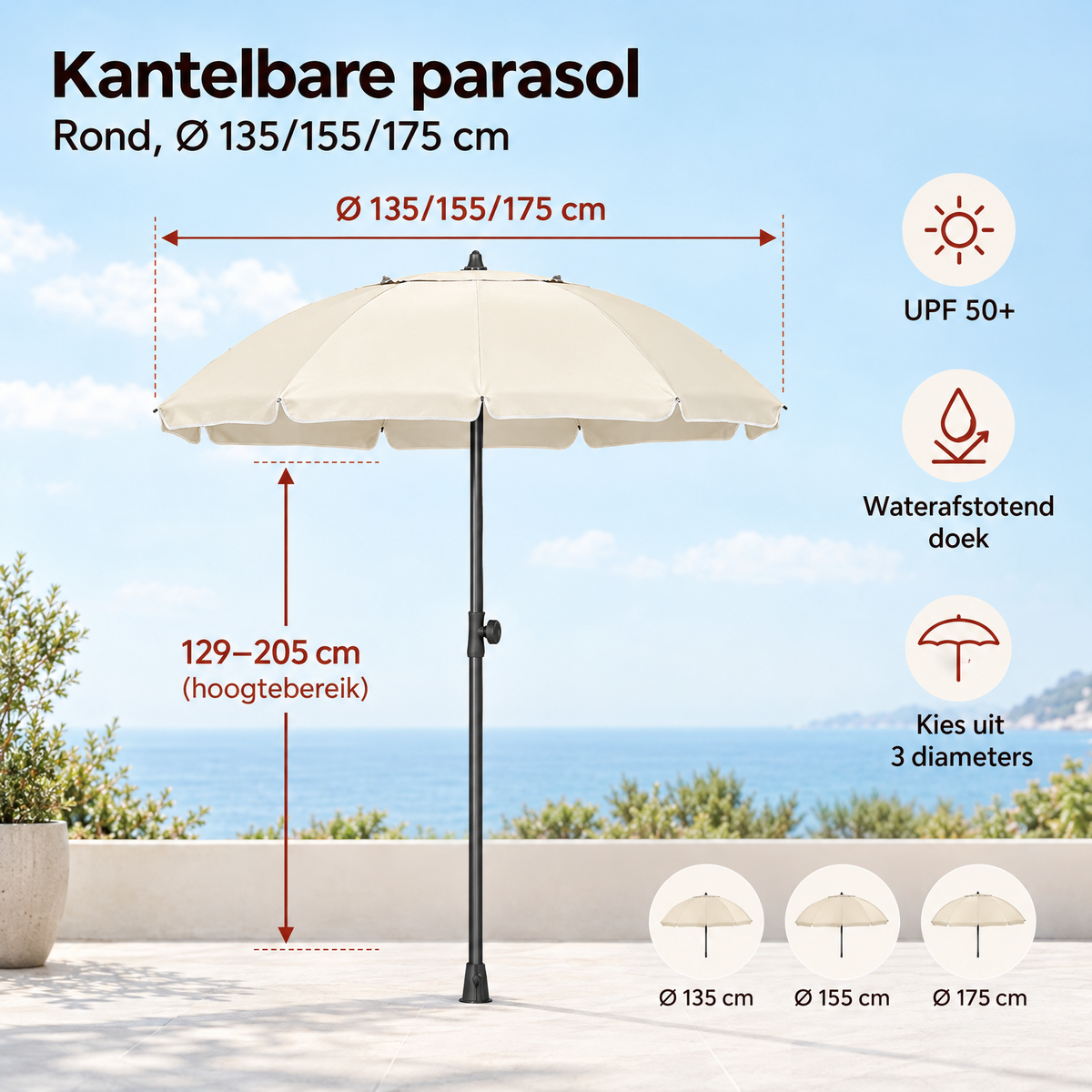 Afmetingen en productspecificaties van kantelbare parasol