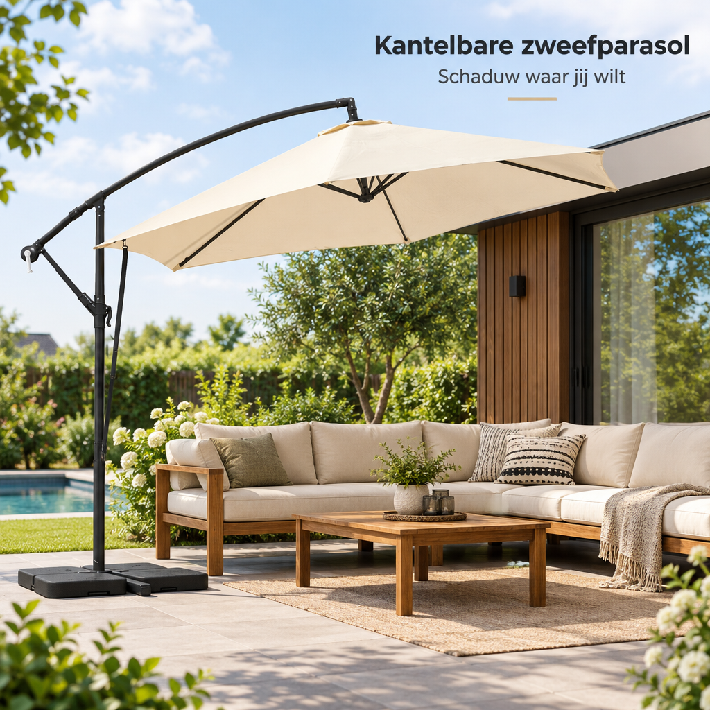 kantelbare zweefparasol in gebruik in een passende praktijksituatie