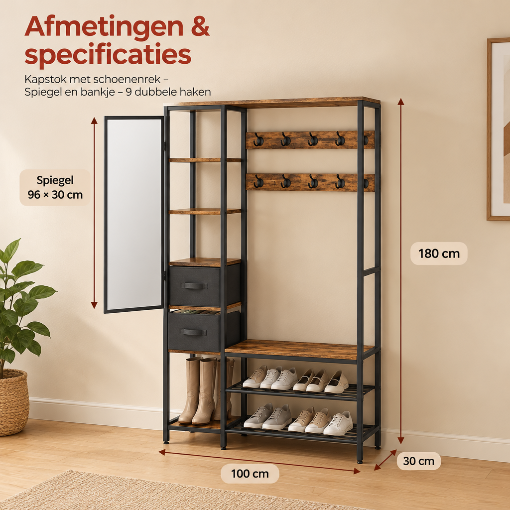 Afmetingen en productspecificaties van kapstok met schoenenrek