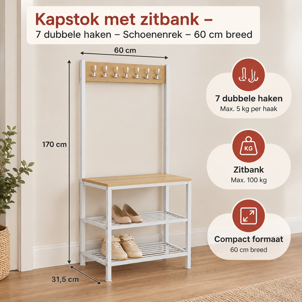 Afmetingen en productspecificaties van kapstok met zitbank