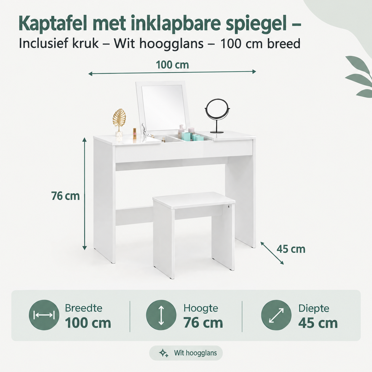 Afmetingen en productspecificaties van kaptafel met inklapbare spiegel