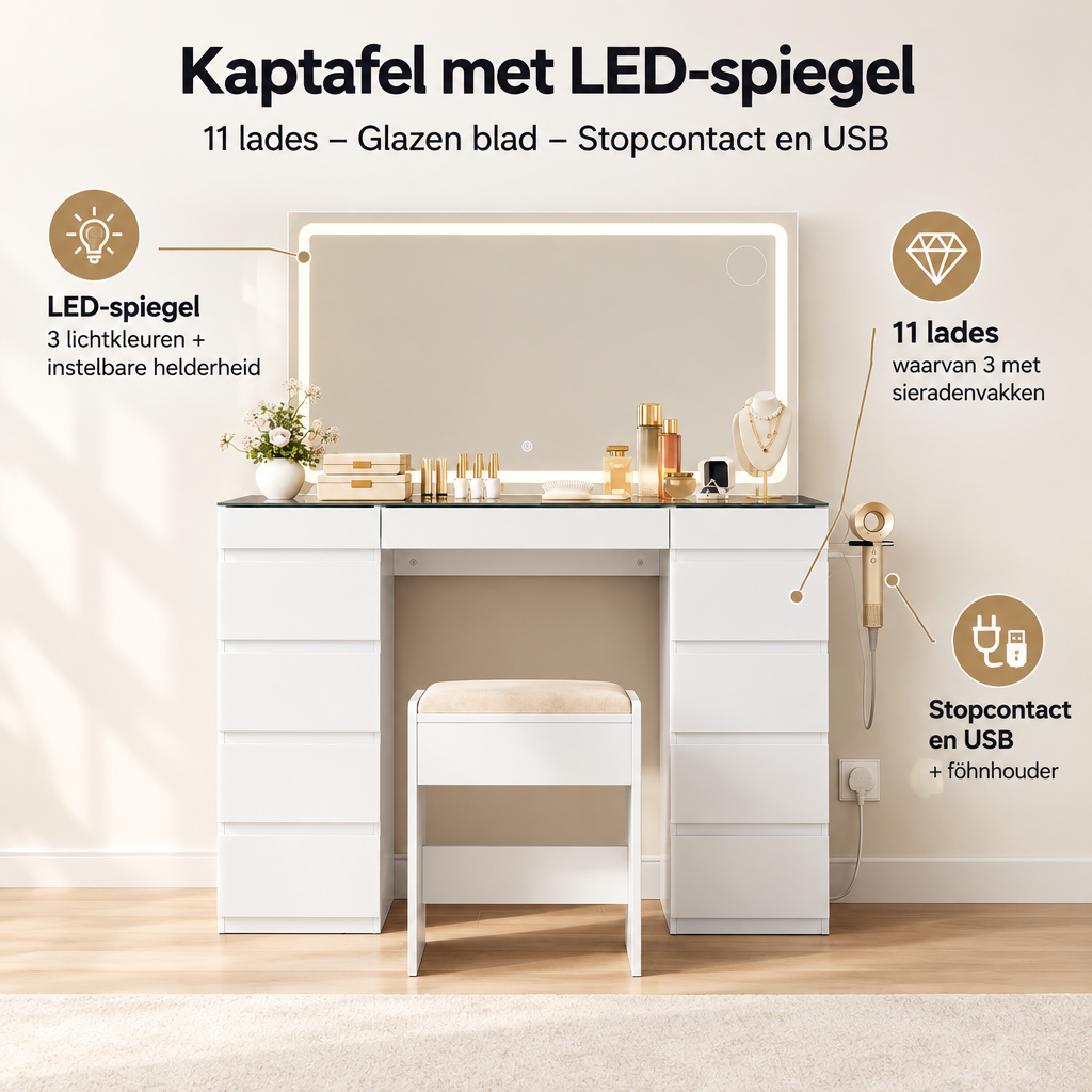 Belangrijkste voordelen en eigenschappen van kaptafel met LED-spiegel