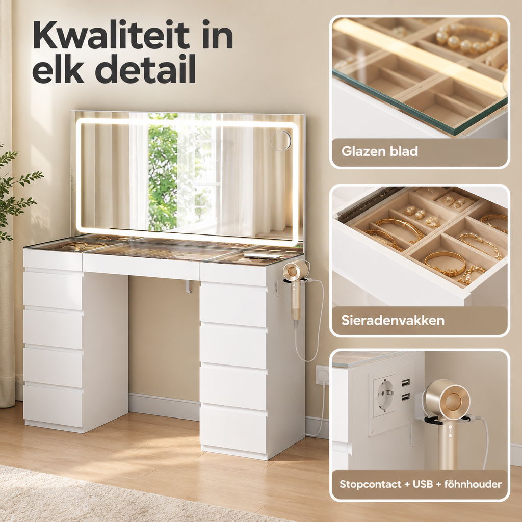 Detail van materiaal en afwerking van kaptafel met LED-spiegel
