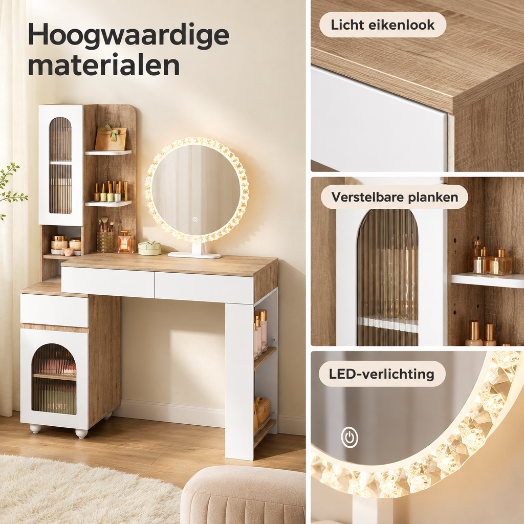 Detail van materiaal en afwerking van kaptafel met LED-spiegel